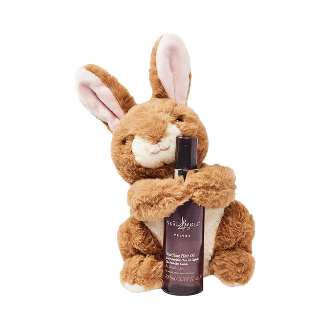 Neal & Wolf x Keel Toys ‘Lenä The Bunny’ – 18cm Soft Plush Toy Celebrating Cruelty Free Haircare, Holding Mini Velvet Hair Oil